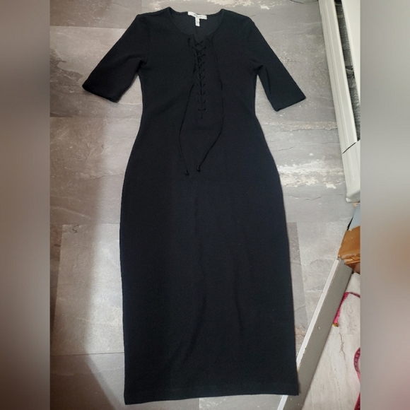 Derek Lam 10 Crosby Elegant Black Midi Dress. Short Sleeves. Knit Ribbed Lace Up - Picture 13 of 15